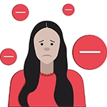 arte com o desenho de uma mulher com expressão triste e sinais de negativo ao seu redor