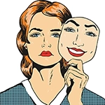 arte com o desenho de uma mulher com expressão séria segurando uma máscara com seu rosto sorridente