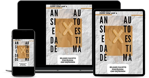 mockup com o e-book sobre ansiedade e autoestima no desktop, tablet e mobile